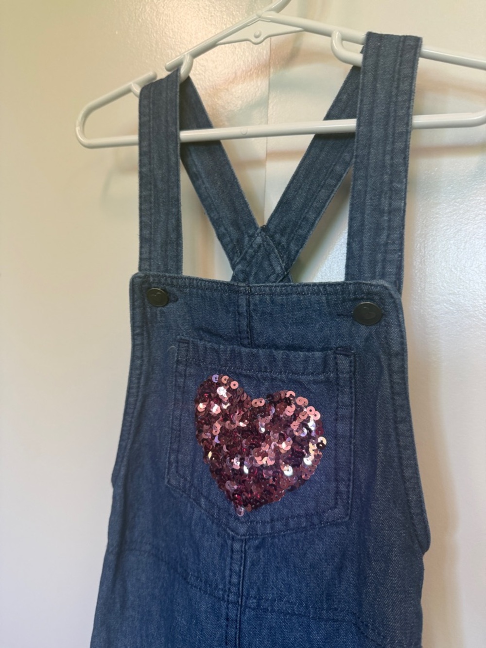 New Max Studio girls overall denim dress, sequin heart pocket.  Valentine’s Day